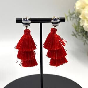 J. Crew Blue White Striped Three Tier Red Tassel Earrings